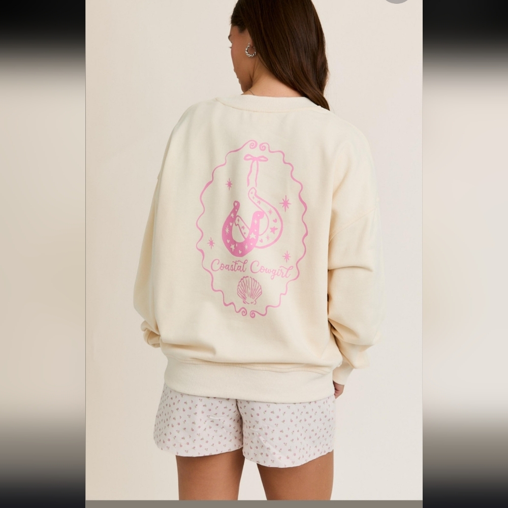 Le Lis Cream & Pink Coastal Cow Girl Graphic Pull over Crew Sweatshirt Boutique